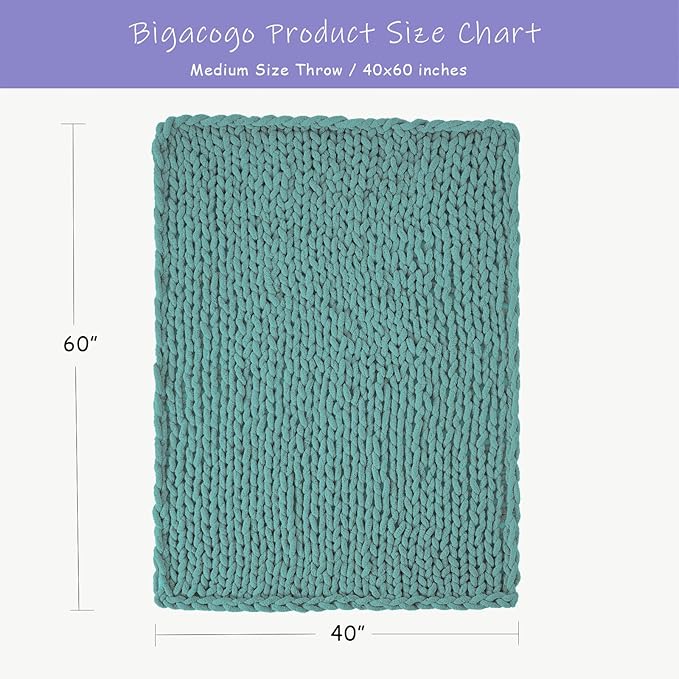 Bigacogo Chunky Knit Throw Blanket for Couch, 40x60 inches, 100% Hand Knitted with Thick Jumbo Chenille Yarn, Cozy Soft Large Rope Knot Cable Crochet Blankets for Sofa Bed Living Room, Light Teal