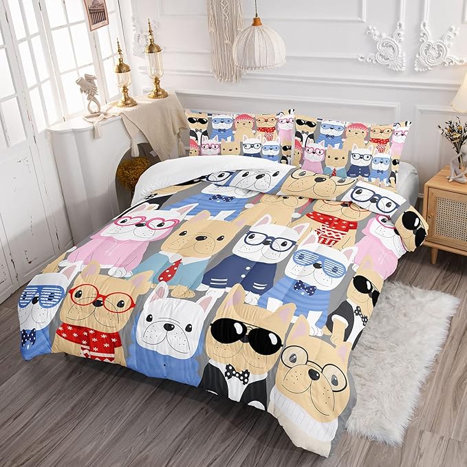 Datura home Dog Comforter Beddding Set for Kids Children,Puppy Pug Cute Dog Pattern Cartoon Career Pet Bedding Set with 1 Comforter and 2 Pillowcases(Dog Twin)