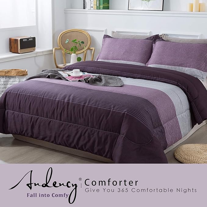 Andency Stripe Comforter Set Queen Size (90x90 Inch), 3 Pieces Purple and Gray Patchwork Striped Comforter, Soft Microfiber Down Alternative Comforter Bedding Set with Corner Loops