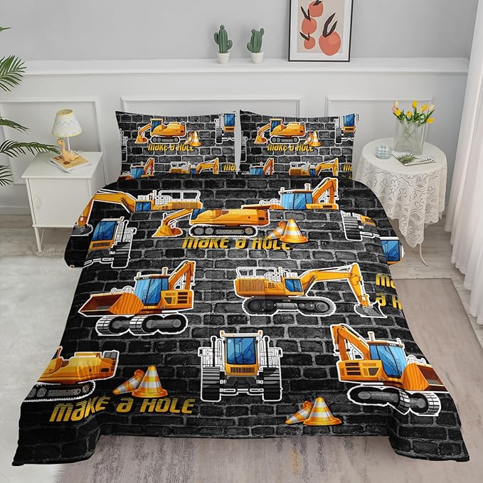 Axolotl Excavator Bedding Set Twin Size,Yellow Excavator Bed Comforter for Kids Boys Teens,Tractor Truck Bedding Set for Boys,Construction Bedding Set for Boys,1 Quilt 2 Pillowcases,Deep Grey