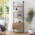 Nathan James Theo Ladder 3 tier Open Bookshelf with Rattan Drawers and Matte Steel Frame, Light Oak/Black