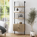 Nathan James Theo Ladder 3 tier Open Bookshelf with Rattan Drawers and Matte Steel Frame, Light Oak/Black