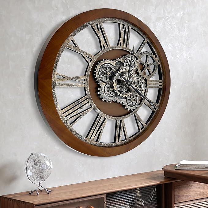 HOIBAI Large Wall Clock, Wall Clocks for Living Room Decor 36 Inch Farmhouse Vintage Rustic Kitchen Wall Decor Vintage Roman Oversized Wall Clock for Home Bedroom House Office, Moving Gears Clock