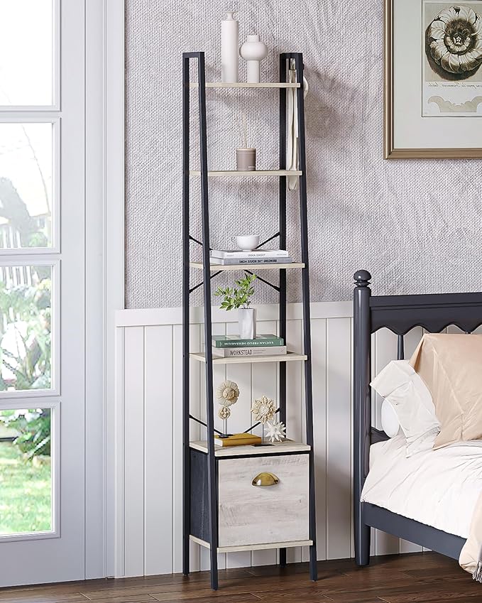 Narrow Bookshelf Bookcase with Drawer, Ladder Shelf with 2 Hooks, Bookshelves Storage Organizer, Freestanding Display Standing for Home Office, Bedroom, 6 Tier Greige BC19605B