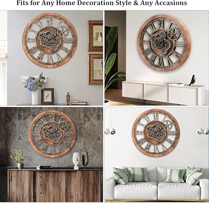 HOIBAI Large Wall Clock 24 Inch Large Clocks for Living Room Decor with Moving Gears Vintage Industrial Steampunk Farmhouse Big Clock for Home Kitchen Bedroom Office