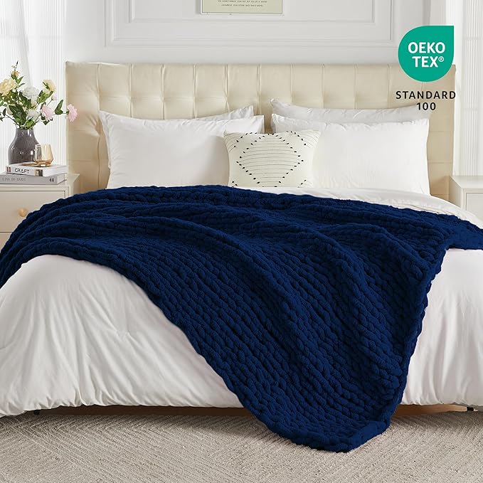 Carriediosa Chunky Knit Throw Blanket 60" X 80" Twin, 100% Hand Made Large Chenille Loop Yarn Soft Fluffy Throws for Couch Sofa Bed, Big Crochet Cozy Heavy Thick Cable Woven Blankets, Navy Blue