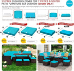 ClawsCover 13Pack Outdoor Seat and Back Cushions Replacement Covers Fit for 7Pieces Wicker Rattan Patio Furniture Set Sectional Couch with Dining Table and Ottoman,Turquoise-Include Cover Only