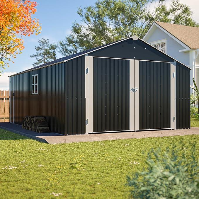 12x20 FT Heavy Duty Metal Garage Shed, Extra Large Outdoor Storage Building with Double Doors, Side Door & Window, Waterproof All-Weather Steel Carport for Vehicle & Equipment Storage