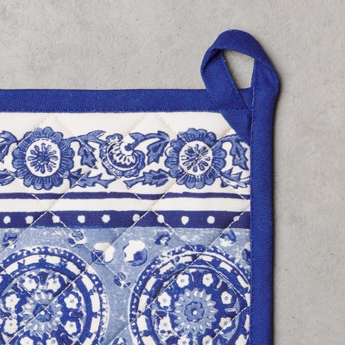 Maison d' Hermine Pot Holders 100% Cotton Potholders (8" x 8", Pack of 2) | Heat Resistant Hot Pads with Loop BBQ Cooking Baking Farmhouse Kitchen Handling Hot Pans Spring Summer - Melodie Bleue