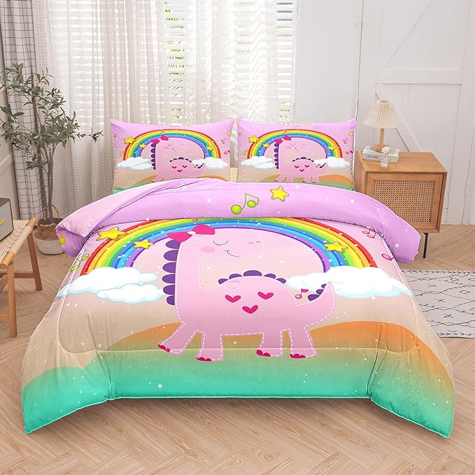 Tailor Shop Pink Dinosaur Bedding Set Twin Size,Dinosaur Comforter Set for Girls,Cartoon Rainbow Dino Comforter Sets for Kids Teens，with 1 Comforter 1 Pillowcase…