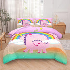 Tailor Shop Pink Dinosaur Comforter Set, Kids Dinosaur Comforter Sets,Cartoon King Bedding Set for Girls ，Colorful Dino Bedding Sets，Dinosaur Bed Set,with 1 Comforter 2 Pillowcase
