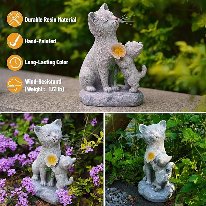Solar Cat Garden Statue Outdoor Decor - Mother & Kitten Figurines with Flower LED Light, Outside Yard Art Patio Balcony Lawn Ornament, Unique Gifts for Cat Lover