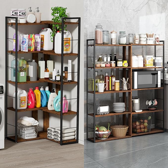 5 Tier Bookshelf Wood Bookcase with 2 Hooks Modern Corner Bookshelf Library Industrial Shelving Book Case Adjustable Book Shelves for Bedroom Living Room Home Office Rustic Brown