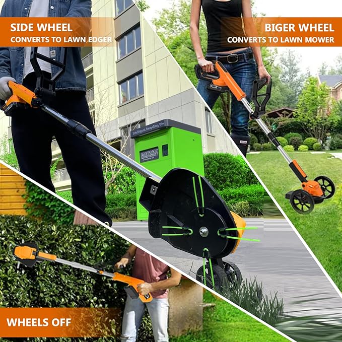Electric Weed Wacker Eater Cordless Battery Powered, Weed Trimmer 21V Lightweight No-String with 2 Battery Operated & Wheels, 3 in 1 Stringless Grass Trimmer/Edger/Brush Cutter for Garden Yard Lawn