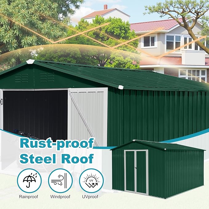 Sheds & Outdoor Storage 8 ft × 10 ft Storage Shed Large Classic Apex Roof Metal Garden Storage Sheds with Hinged Door Tool Cabinet for Backyard, Patio, Poolside, Green
