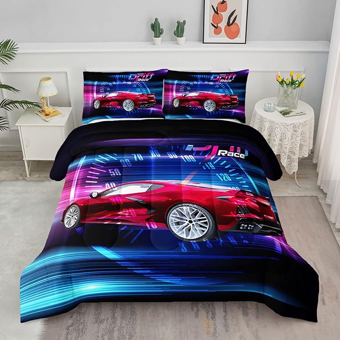 Axolotl Race Car Bedding Set Twin Size,Boys Extreme Sports Comforter Set for Kids Boys Car Racing Gifts,Red Cool Car Comforter Car Sports Quilt Set 1 Comforter Set with 2 Pillowcase Car Racing Gifts