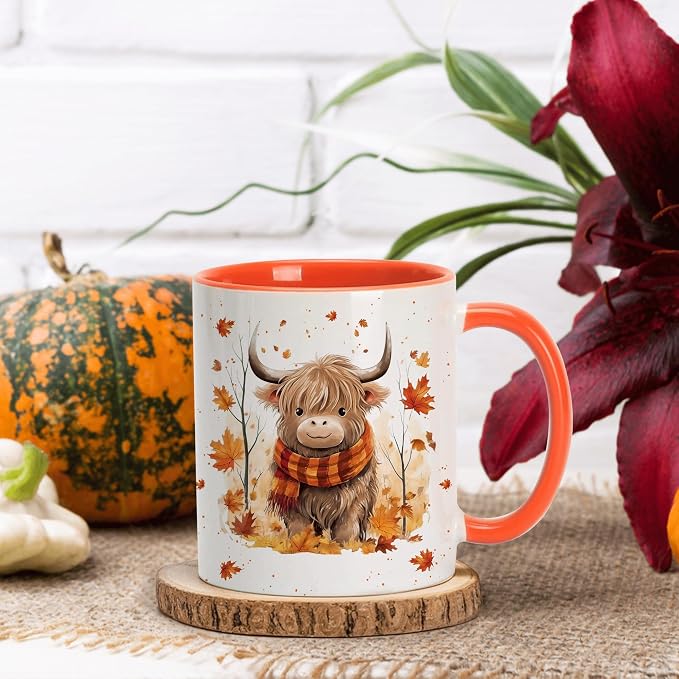 Hyturtle Fall Highland Cow Maple Leaves Coffee Mug Gifts For Cow Lovers | Fall Autumn Decor, Thanksgiving Gift, Premium 11oz White Ceramic Mug, Print on Both Sides, Perfect for Hot or Cold Coffee Tea