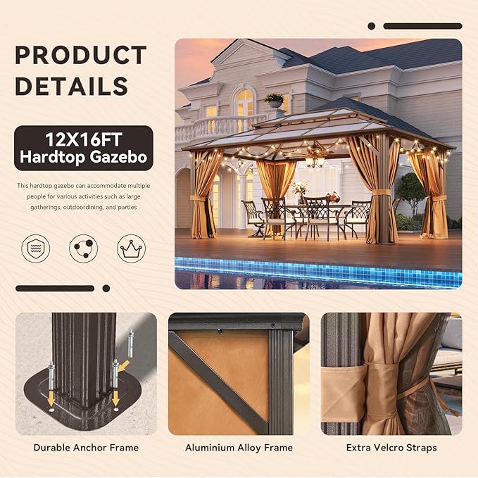 Aoxun 12'x16' Hardtop Gazebo, Aluminum Frame Permanent Pavilion with Netting and Curtains, Outdoor Polycarbonate Double Roof Canopy, Designed for Lawn, Garden, Patio (Brown)