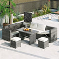 Outdoor Furniture 6-Piece Patio Sofa Set, All Weather PE Rattan Sectional Couch with Tempered Glass Dining Table, Adjustable Seat, Storage Box&Removable Covers, for Garden Backyard, 1, Beige