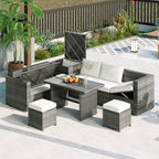 6-Piece Outdoor Furniture Set with Dining Table, Adjustable Seat and Storage Box, All Weather PE Rattan Patio Conversation Sofa L-Shaped Couch for Garden Lawn, Grey Wicker+Beige Cushion