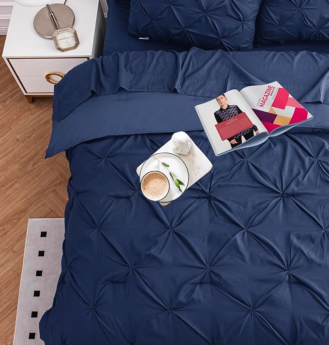 Lane Linen King Size Comforter Set, 7 Piece Bedding King Size, Pintuck King Bed in a Bag Set, Soft King Size Bed Set, Pinch Pleated King Size Comforter Set with Sheets, Pillowcases & Shams - Navy Blue