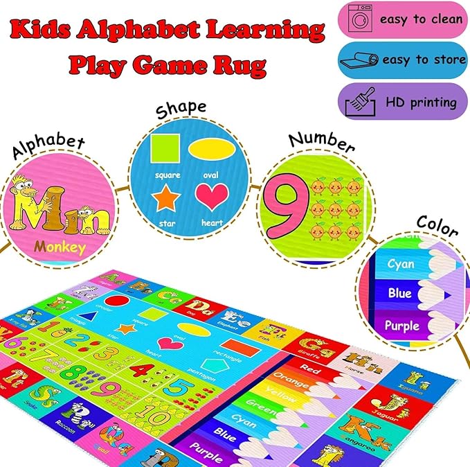 Kids Alphabet Play Game Rug - -4'x6' ABC Numbers and Shapes Educational Learning Toddler Carpet - Kids Room Playroom Classroom Kindergarten Activity Fun Soft Non-Slip Mat