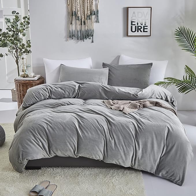 Wellboo Grey Velvet Comforter Sets Full Size Women Men Solid Gray Fluffy Bedding Comforters Modern Dark Grey Plush Aesthetic Quilts Plain Gray Shaggy Dorm Blankets Minimalist Flannel Thick Sherpa Bed