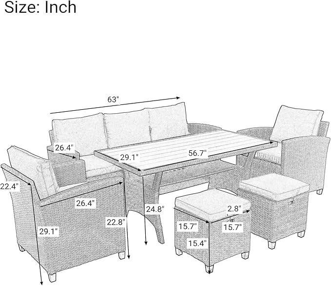 Outdoor Rattan Sectional Sofa with Dining Table, Chairs and Stools for Garden Backyard, 6-Piece Patio Furniture Set All-Weather Wicker Conversation Couch, Onesize, Gray