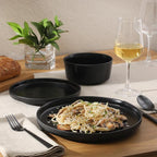Gibson Home Dempsey Road 12-Piece Stoneware Dinnerware Set – Service for 4, Round Black Plates and Bowls, Durable Solid Color Modern Embossed Dish Set, Microwave & Dishwasher Safe