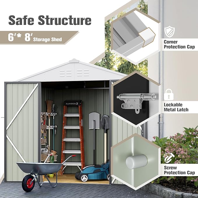 JUMMICO Metal Outdoor Storage Shed 6 x 8 FT Metal Shed with Lockable Door,Waterproof Garden Tool Shed Storage House for Backyard Patio Lawn,Grey