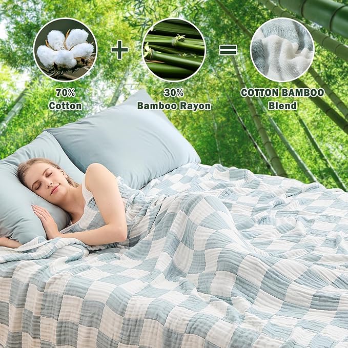 EMME Checkered Cotton Blanket Twin Large 60"x80" 100% Muslin for Couch Breathable Cooling Gauze All Season Soft and Lightweight (Teal)