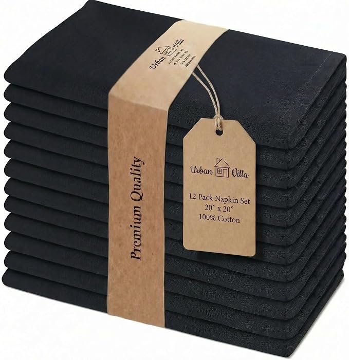Urban Villa Cloth Napkins Cotton 20x20 (Set of 12) Black