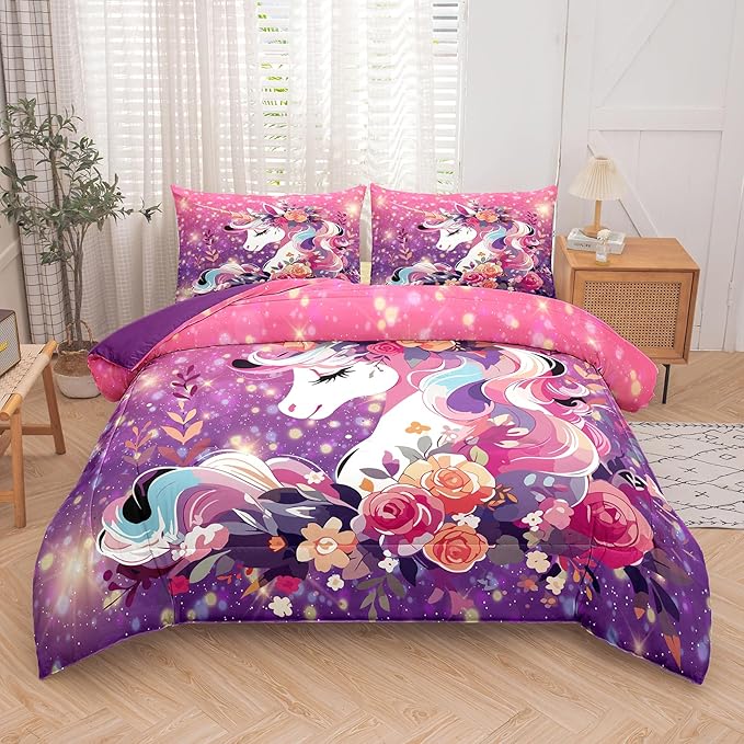 Tailor Shop Unicorn Bedding Twin Size 5 Pieces Unicorn Comforter Bed in a Bag for Girls/Kids Pink Comforter Set for Kids Girls Unicorn Sheets Room Decor…