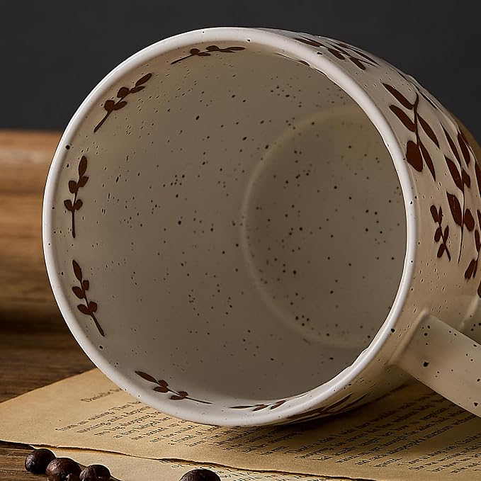 18 Oz Large Ceramic Coffee Mug Set of 2 - Rustic Handmade Floral Mugs with Handle, Microwave Safe for Latte Espresso Cappuccino Tea Cocoa Milk, Modern Unique Big Cups for Kitchen Women(Caramel Brown)