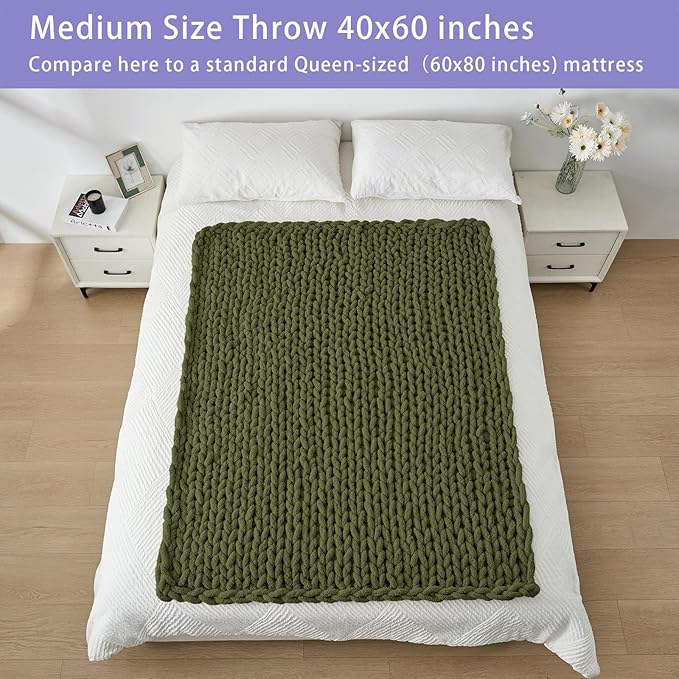 Bigacogo Chunky Knit Throw Blanket for Couch, 40x60 inches, 100% Hand Knitted with Thick Jumbo Chenille Yarn, Cozy Soft Large Rope Knot Cable Crochet Blankets for Sofa Bed Living Room, Yellow Green