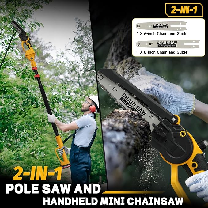 2-in-1 Cordless 8" Pole Saw & Mini Chainsaw Compatible with DeWALT 20V MAX Battery, Brushless 8 Inch & 6 Inch Telescoping Pole Chainsaw Combo Kit 15 Ft Max Reach for Tree Branches Pruning(Tool Only)