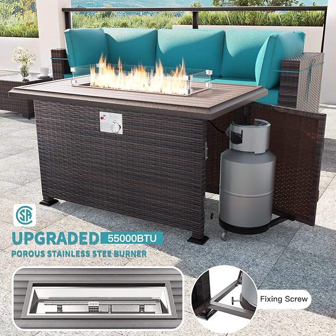Kullavik 15 Pieces Outdoor Patio Furniture Set with 43" Gas Propane Fire Pit Table PE Wicker Rattan Sectional Sofa Patio Conversation Sets,Blue Cushions