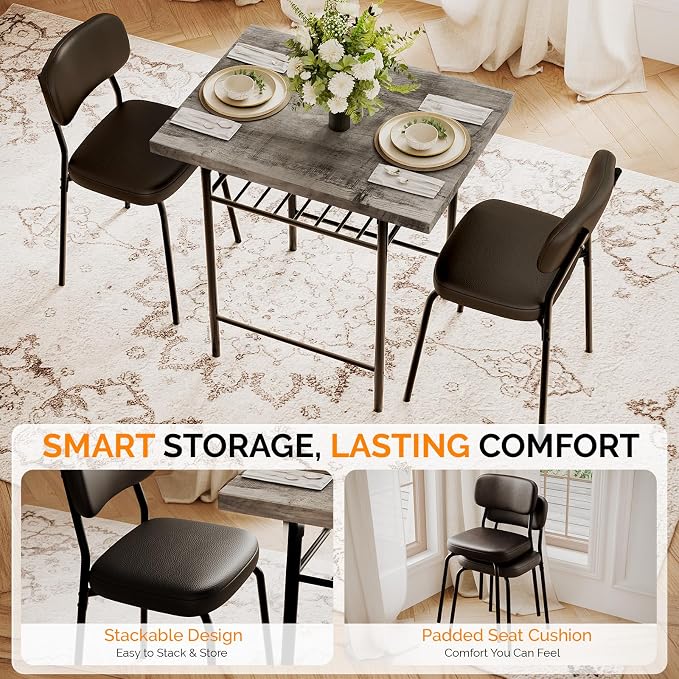 VINGLI Dining Table Set for 2, Small Kitchen Table Set with Upholstered Chairs, 3-Piece Dining Set with Storage Rack, Wood Dining Room Set with Metal Legs for Small Spaces, Living Room, Grey