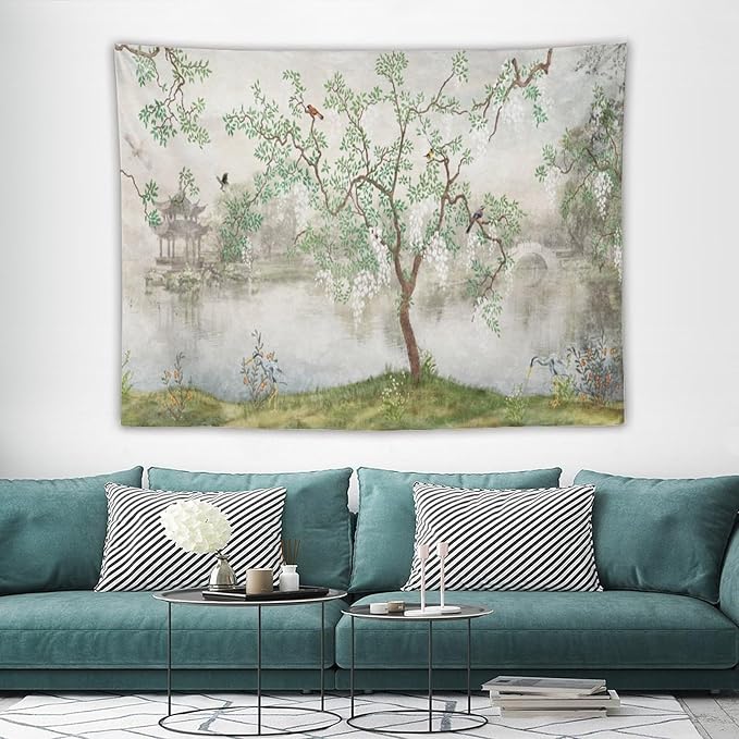 HZOHNAGO Japanese Tapestry Tree Misty Garden Lake Printed Wall Tapestry Ink Painting Wall Hanging for Bedroom Living Room Dorm 80" W x 60" H