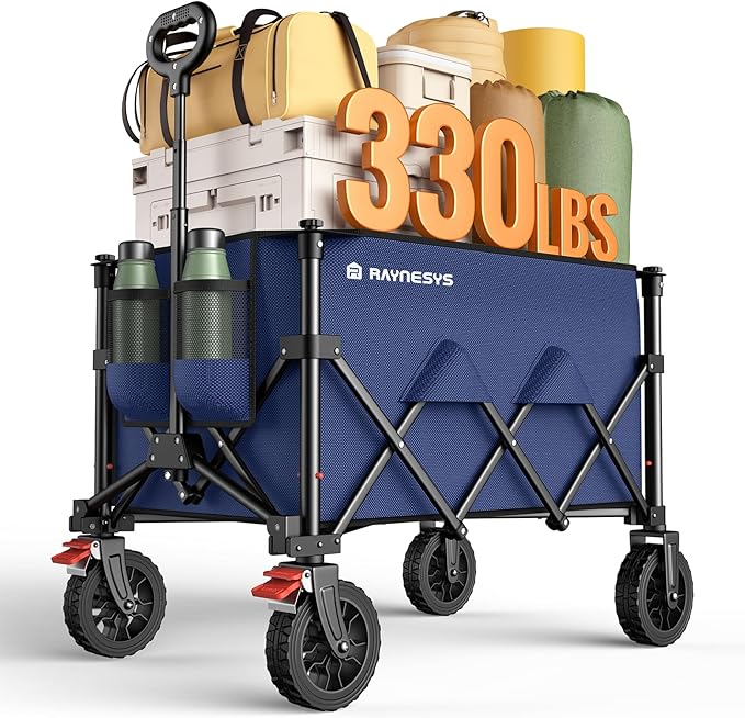 Wagon Carts Foldable, 180L Collapsible Foldable Wagon with 330lbs Weight Capacity, Heavy Duty Utility Cart with Drink Holders and Brakes for Beach Camping Shopping Sports Wheelbarrows, Blue