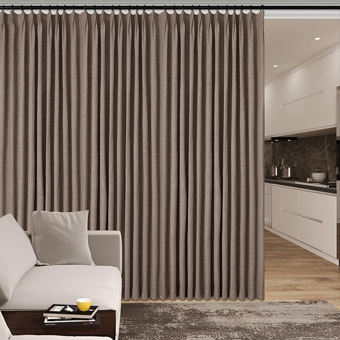Room Divider Curtains Screen Partitions, Linen Look 100% Blackout Drapery 84 Inches Long, 120" Wide Pinch Pleated Window Drapes, Privacy Protecting, Light Blocking, (1 PC, Light Brown)