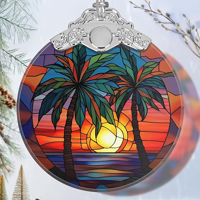 Stained Glass Retro Beach Christmas Ornament - Holiday Home Decor - Tree Decoration - Gift Exchange Present Ideas