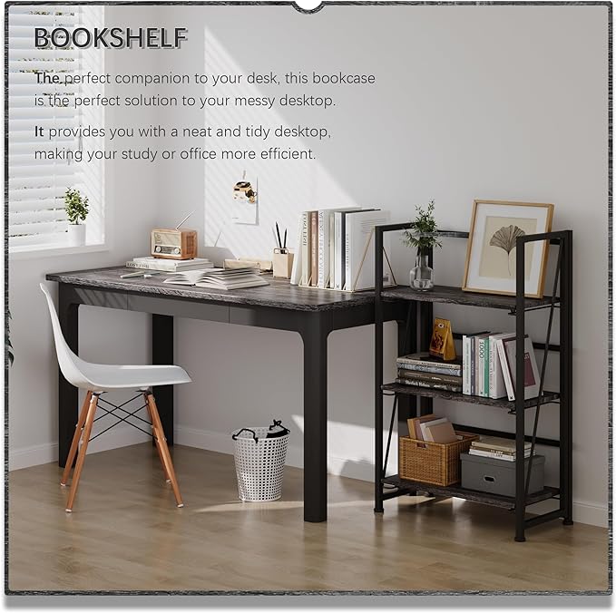 4NM No-Assembly Folding Bookshelf Storage Shelves 3 Tiers Vintage Bookcase Standing Racks Study Organizer Home Office (Gray and Black)