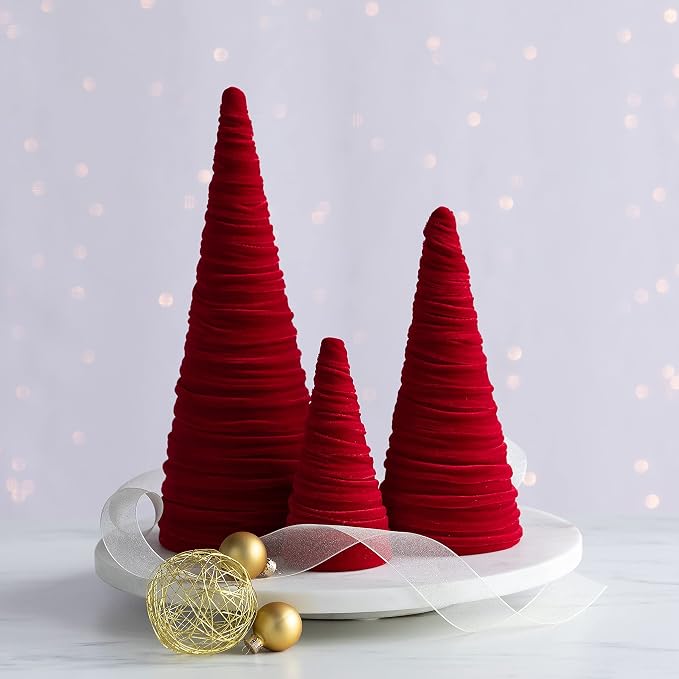 Your Heart's Content Red Velvet Trees Set of 3, Winter Wedding Centerpiece, Valentine Tabletop Tree Decor, Cozy Handmade Romantic Home Decor, Bookshelf Accent, Gift for (Red)