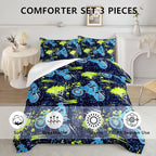 Axolotl Boys Dirt Bike Bedding Set Full,Dirt Bike Comforter Set,Extreme Sports Tie Dye Bedding Set Motor Biker,Motocross Rider Comforter Set for Boys Kids Teens Men,1 Quilt 2 Pillowcases,Blue Green