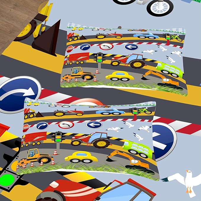 Tailor Shop Construction Vehicle Truck Comforter Set Full Size，Cartoon Excavator Bedding Sets Comforter Cover for Boys Childs Kids Teens ，Tractor Mixer Room Decor with 1 Comforter 2 Pillowcases