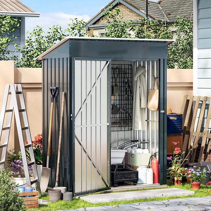 5X3X6.1FT Outdoor Steel Storage Shed with Frame Floor and Lockable Doors, Ideal for Garden, Backyard, Patio Storage