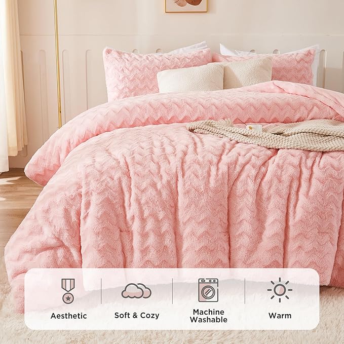 Andency Pink Fleece Comforter Set Queen Size, 3 Pieces Plush Shaggy Faux Fur Bed Comforter Set for Queen Bed, Fuzzy Fluffy Warm Bedding Set for Women Girls
