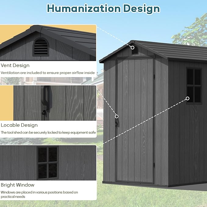 Greesum 4×6FT Plastic Outdoor Storage Shed with Floor, Resin Storaged Sheds with Lockable Door, Window & Vent, All-Weather Tool Sheds for Garden, Backyard, Patio, Dark Gray (One-Piece Panel)