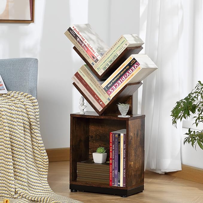 ruboka 2-Shelf Tree Bookshelf with Storage, 26.5-Inch Retro Floor Standing Bookcase Display for CDs/Magazine/Books, Small Bookshelf for Bedroom, Living Room, Office, Brown Storage Shelves